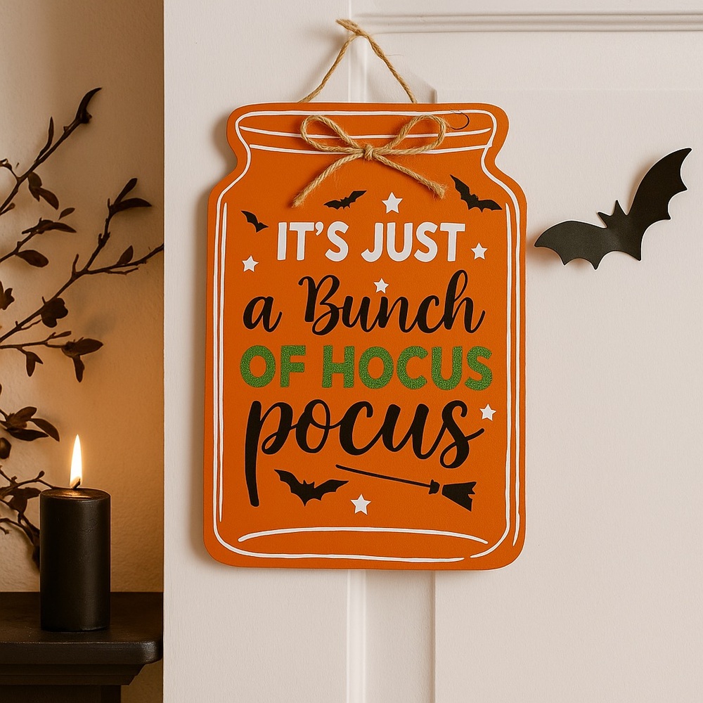 166.🐣 Halloween Hocus Pocus Sign Orange Hanging Decor 7.5”x11.5” Mason Jar Shape